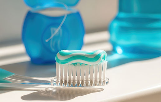 Concept - Toothbrush and toothpaste with dental floss in background - © MD stock.adobe.com (AI generated)