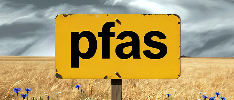 Concept - Yellow PFAS sign in cornfield beneath grey sky - © DesignArt stock.adobe.com (AI generated)
