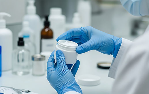 Cosmetics - Scientist with blue gloves holding tub of skin cream - © THIBNH stock.adobe.com (AI generated)