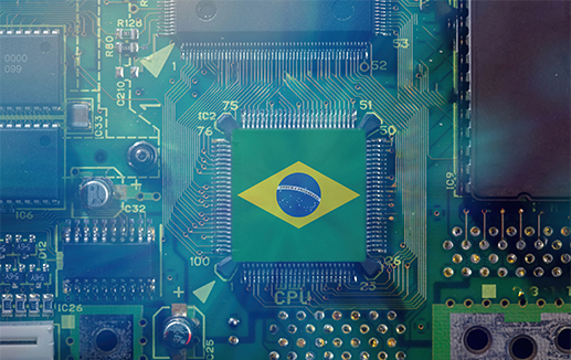 Technology - Brazil flag on a CPU microchip and motherboard © Rawf8 stock.adobe.com